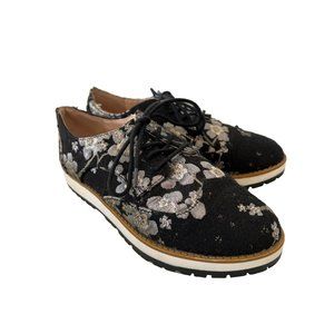 Qupid Floral Brocade Lace Up Sneakers Women Black Platform Bohemian Hippie Comfy